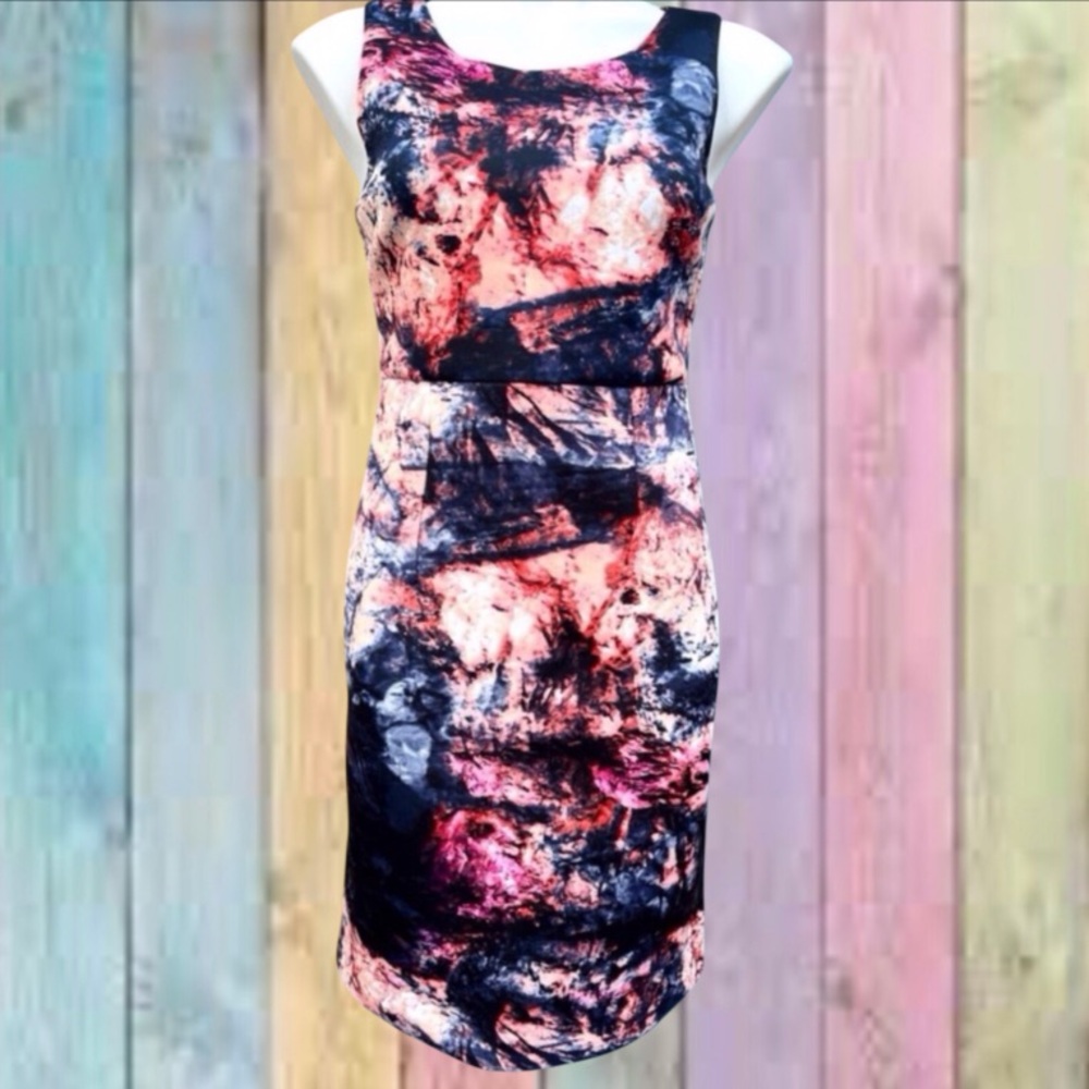 Cynthia Rowley Black Peach Abstract Print Scuba Lined Dress